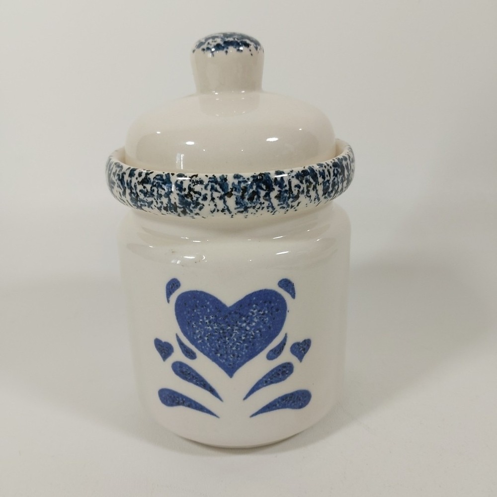 Blue Sponge Heart‎ Jar Canister 6.5" includes lid My Love Gibson Stoneware White